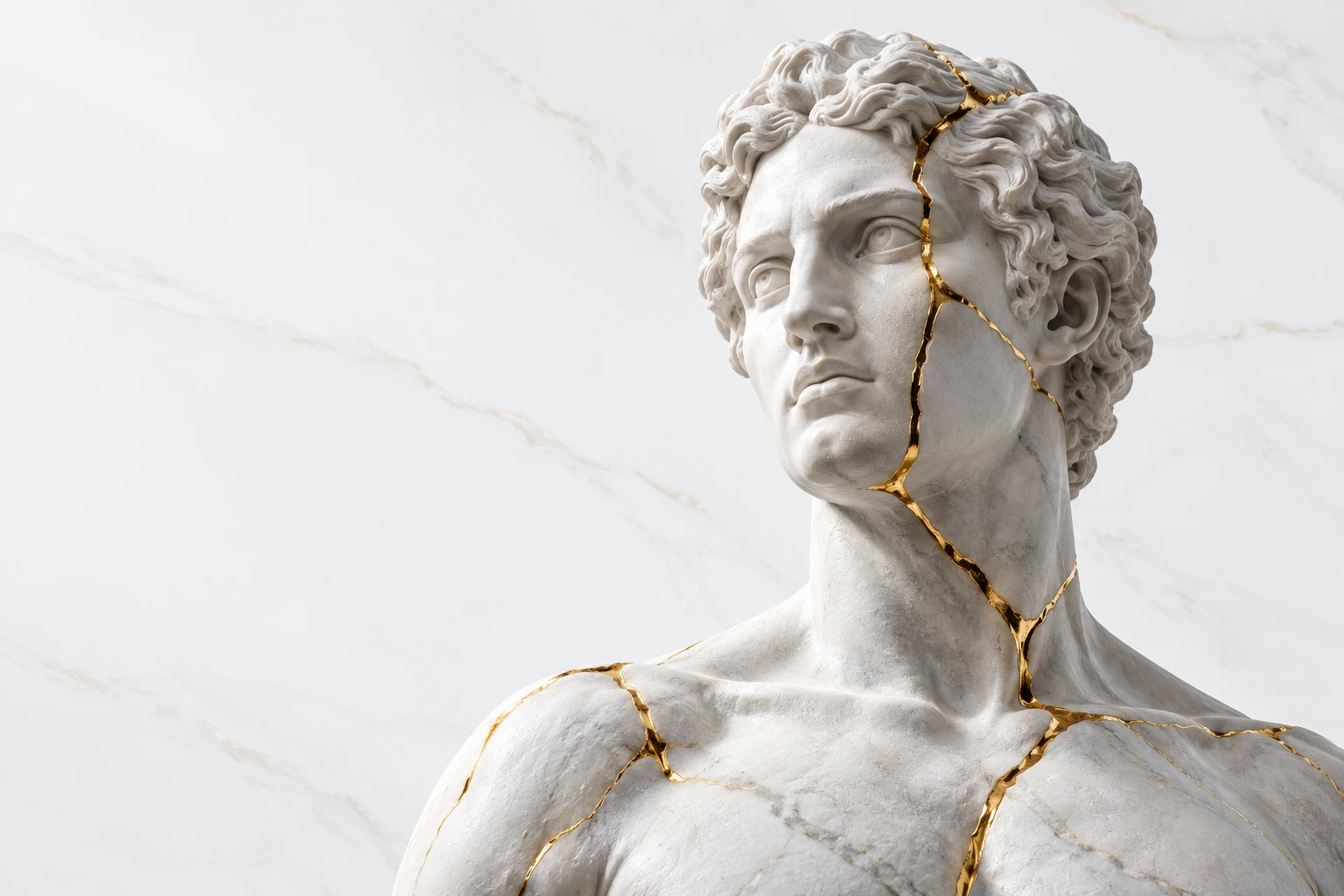Classical white marble sculpture with fine gold seams